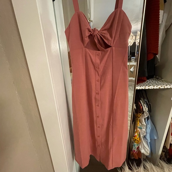 Dusty Rose button up midi dress with tie bust - Picture 2 of 6